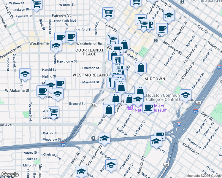 map of restaurants, bars, coffee shops, grocery stores, and more near 3702 Travis Street in Houston