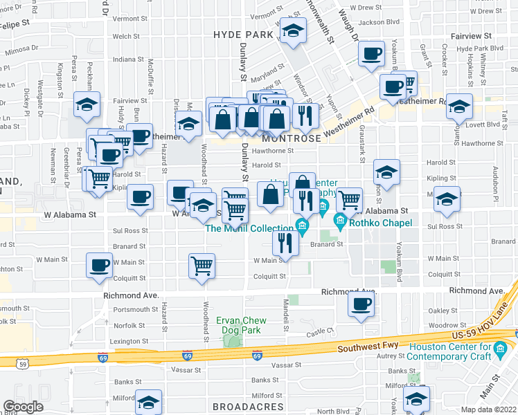 map of restaurants, bars, coffee shops, grocery stores, and more near 1644 West Alabama Street in Houston