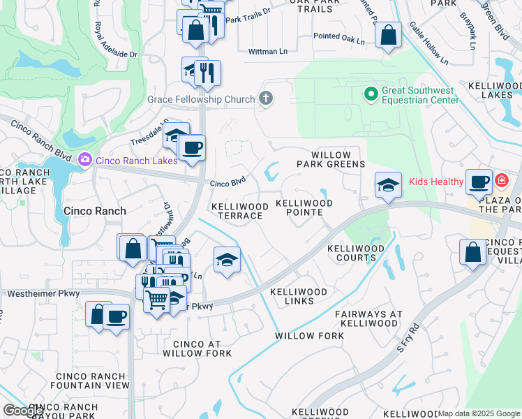 map of restaurants, bars, coffee shops, grocery stores, and more near 3015 Hollinwell Drive in Katy