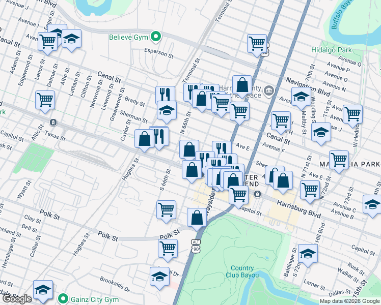 map of restaurants, bars, coffee shops, grocery stores, and more near 6628 Avenue C in Houston