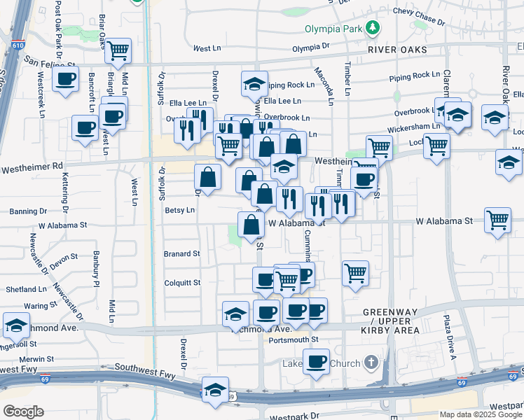 map of restaurants, bars, coffee shops, grocery stores, and more near 2929 Weslayan Street in Houston