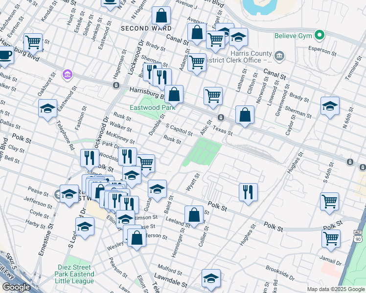 map of restaurants, bars, coffee shops, grocery stores, and more near 5022 Rusk Street in Houston