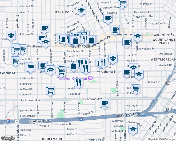 map of restaurants, bars, coffee shops, grocery stores, and more near 1506 West Alabama Street in Houston