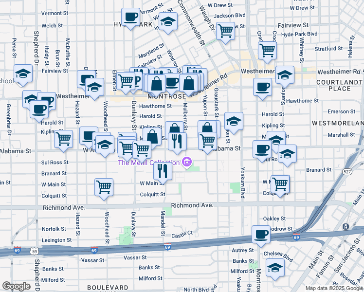 map of restaurants, bars, coffee shops, grocery stores, and more near 1506 West Alabama Street in Houston