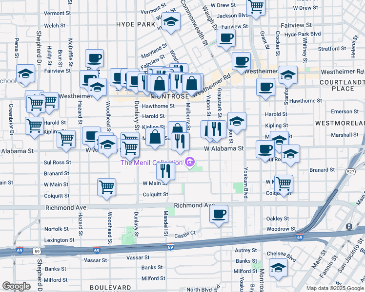 map of restaurants, bars, coffee shops, grocery stores, and more near 1516 West Alabama Street in Houston