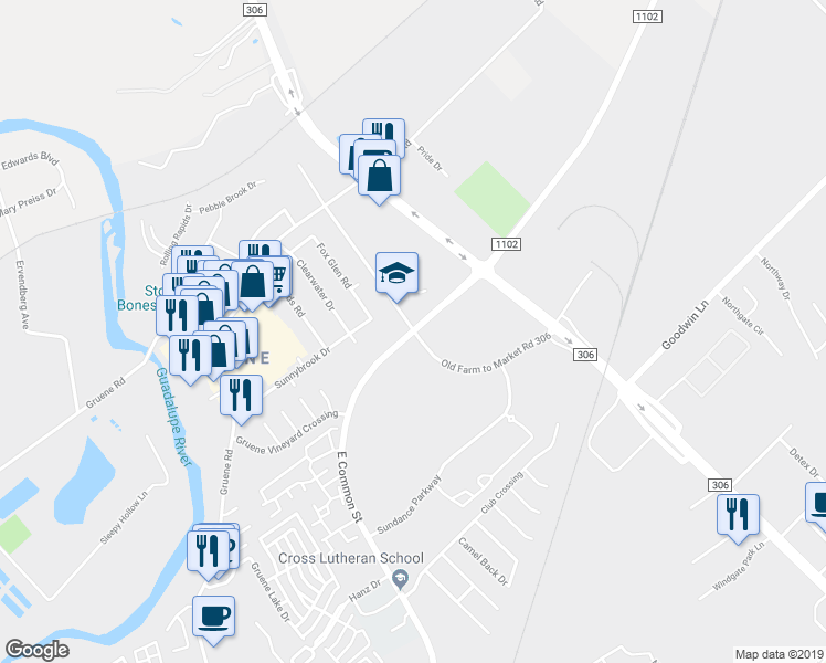 map of restaurants, bars, coffee shops, grocery stores, and more near 2300 Common Street in New Braunfels