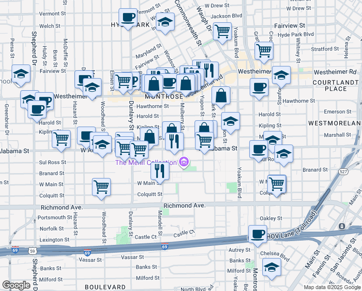 map of restaurants, bars, coffee shops, grocery stores, and more near 1500 West Alabama Street in Houston