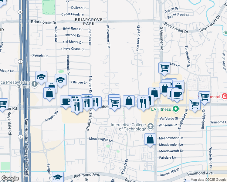 map of restaurants, bars, coffee shops, grocery stores, and more near 6 West Rivercrest Drive in Houston