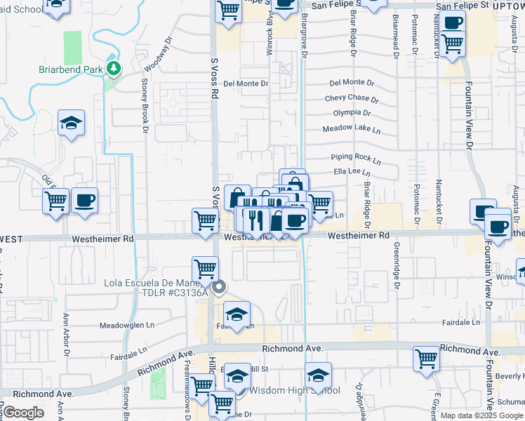 map of restaurants, bars, coffee shops, grocery stores, and more near 2627 Marilee Lane in Houston