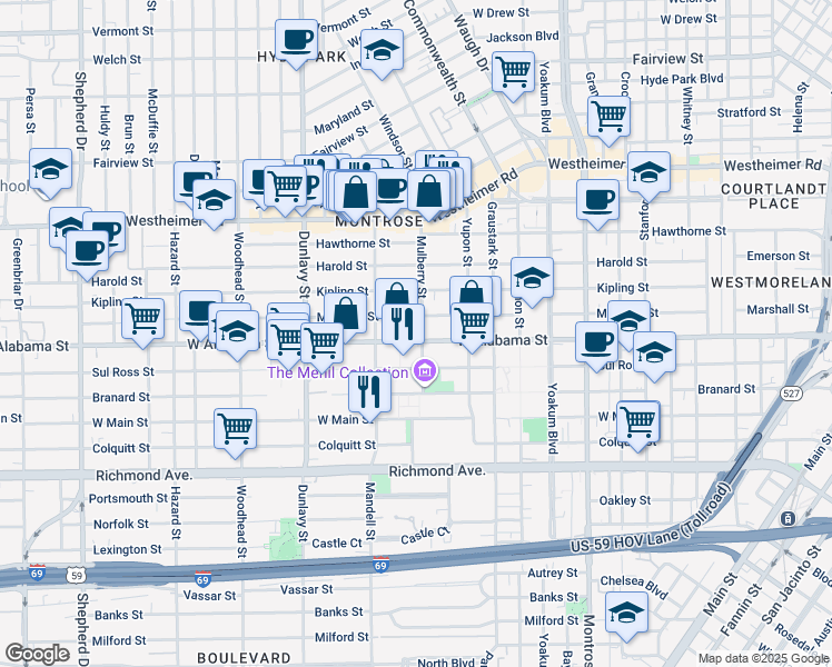 map of restaurants, bars, coffee shops, grocery stores, and more near 1506 West Alabama Street in Houston
