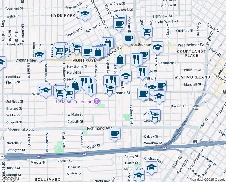 map of restaurants, bars, coffee shops, grocery stores, and more near 1320 West Alabama Street in Houston