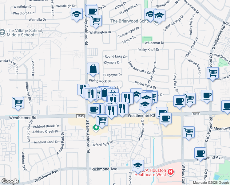 map of restaurants, bars, coffee shops, grocery stores, and more near 12515 Ella Lee Lane in Houston
