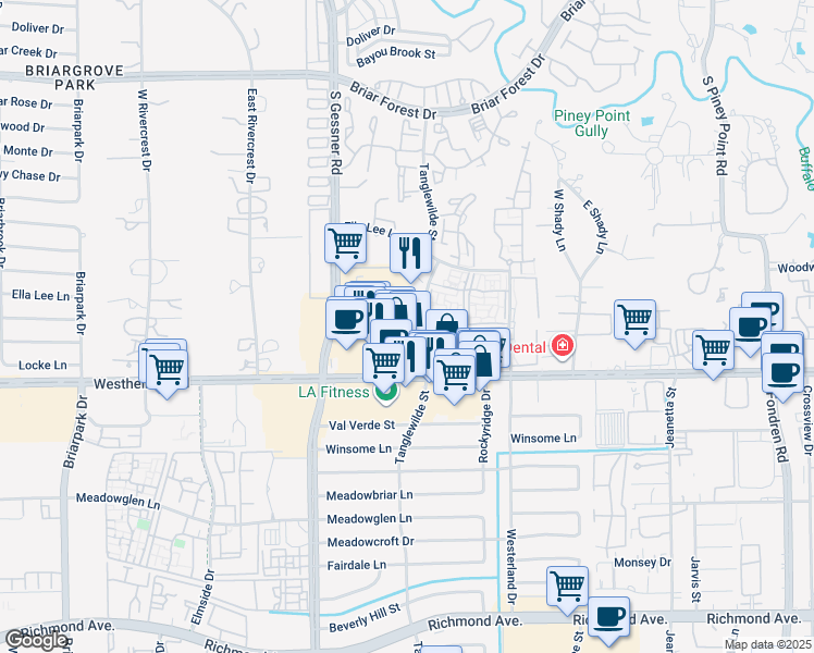 map of restaurants, bars, coffee shops, grocery stores, and more near 2630 Tanglewilde Street in Houston