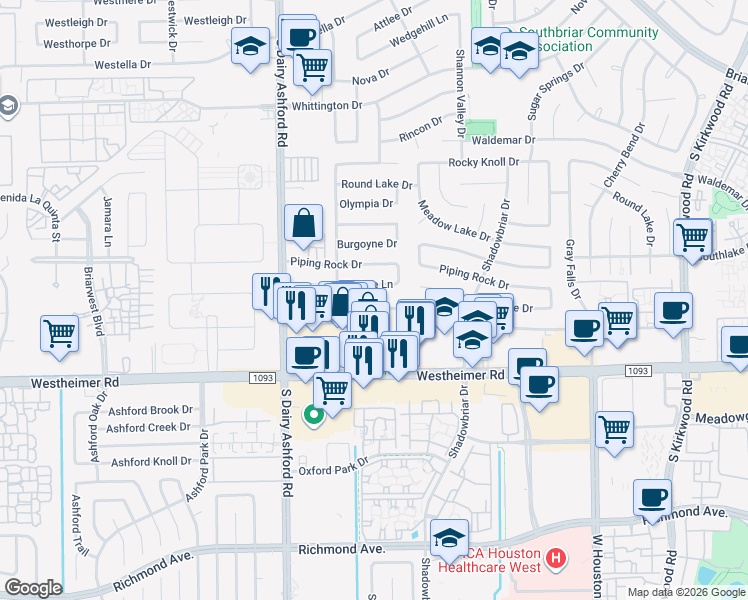 map of restaurants, bars, coffee shops, grocery stores, and more near 12400 Overbrook Lane in Houston