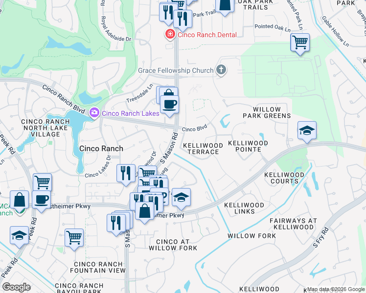 map of restaurants, bars, coffee shops, grocery stores, and more near 3019 Norwood Hills Drive in Katy