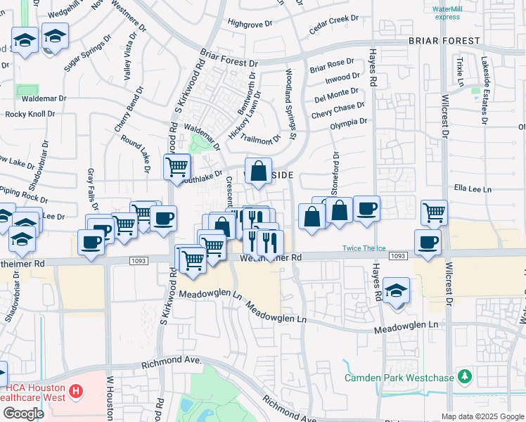 map of restaurants, bars, coffee shops, grocery stores, and more near 11613 Village Place Drive in Houston