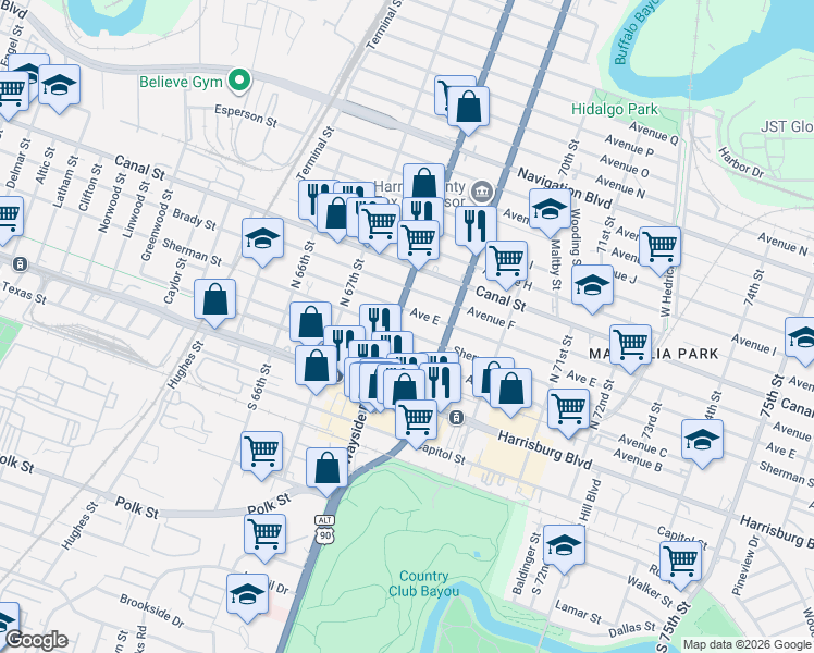 map of restaurants, bars, coffee shops, grocery stores, and more near 6726 Sherman Street in Houston