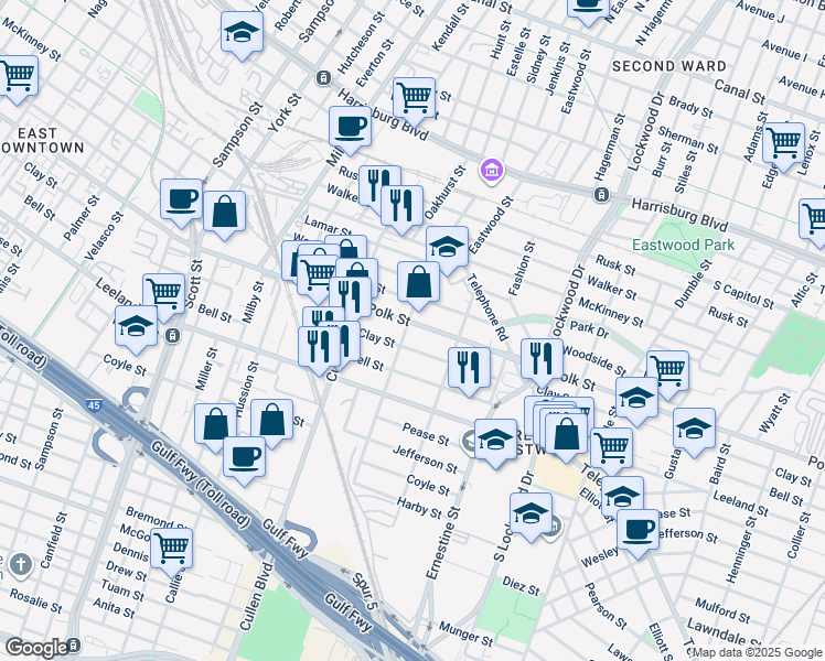 map of restaurants, bars, coffee shops, grocery stores, and more near 1305 Sidney Street in Houston