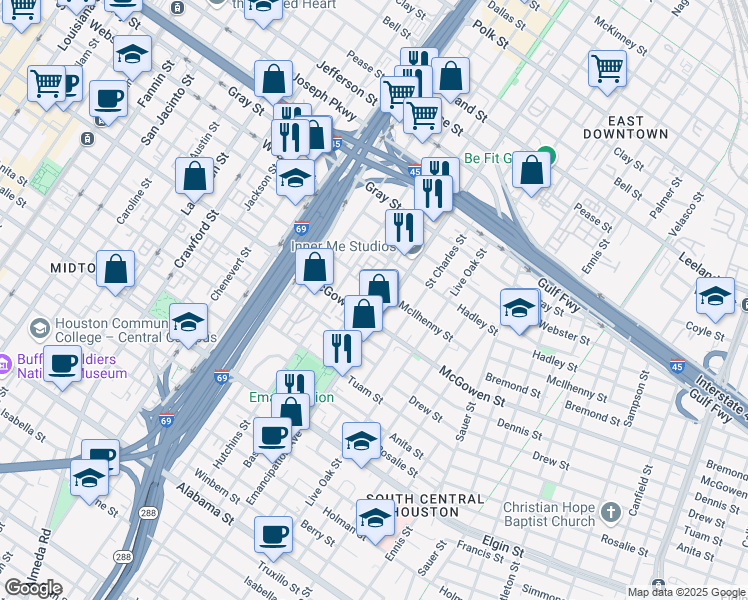 map of restaurants, bars, coffee shops, grocery stores, and more near 2415 Bastrop Street in Houston