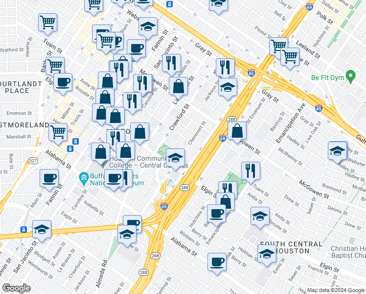 map of restaurants, bars, coffee shops, grocery stores, and more near 2937 Jackson Street in Houston