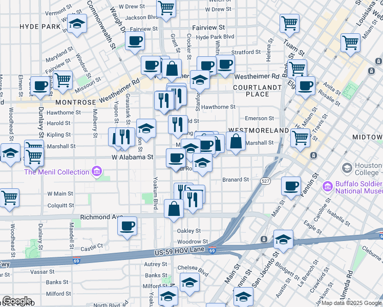 map of restaurants, bars, coffee shops, grocery stores, and more near 820 West Alabama Street in Houston