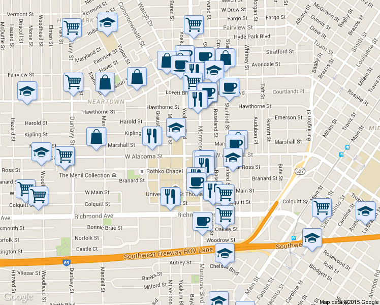 map of restaurants, bars, coffee shops, grocery stores, and more near 1000-1098 Marshall Street in Houston