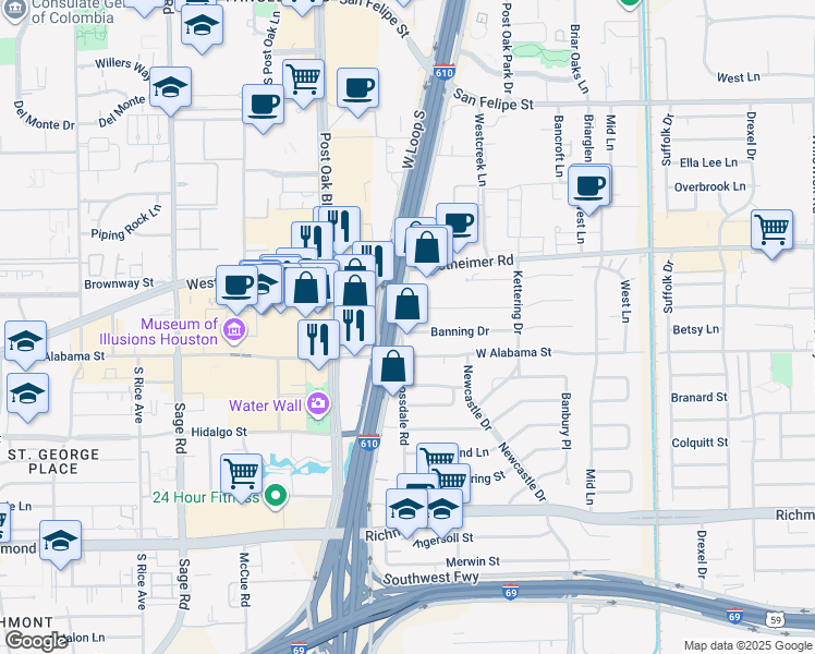 map of restaurants, bars, coffee shops, grocery stores, and more near 2900 West Loop South in Houston