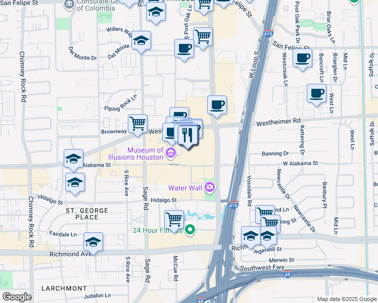 map of restaurants, bars, coffee shops, grocery stores, and more near 5051 Westheimer Road in Houston