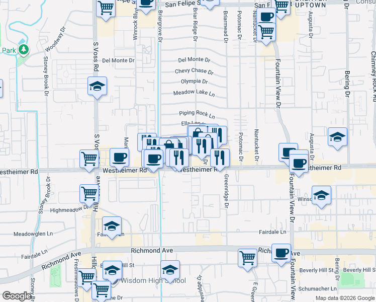 map of restaurants, bars, coffee shops, grocery stores, and more near 6200 Locke Lane in Houston