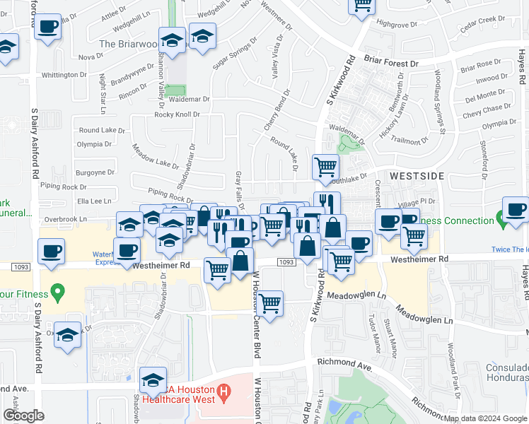 map of restaurants, bars, coffee shops, grocery stores, and more near 11980 Overbrook Lane in Houston