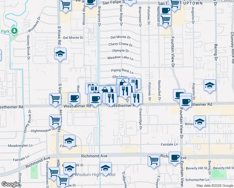 map of restaurants, bars, coffee shops, grocery stores, and more near 6200 Locke Lane in Houston