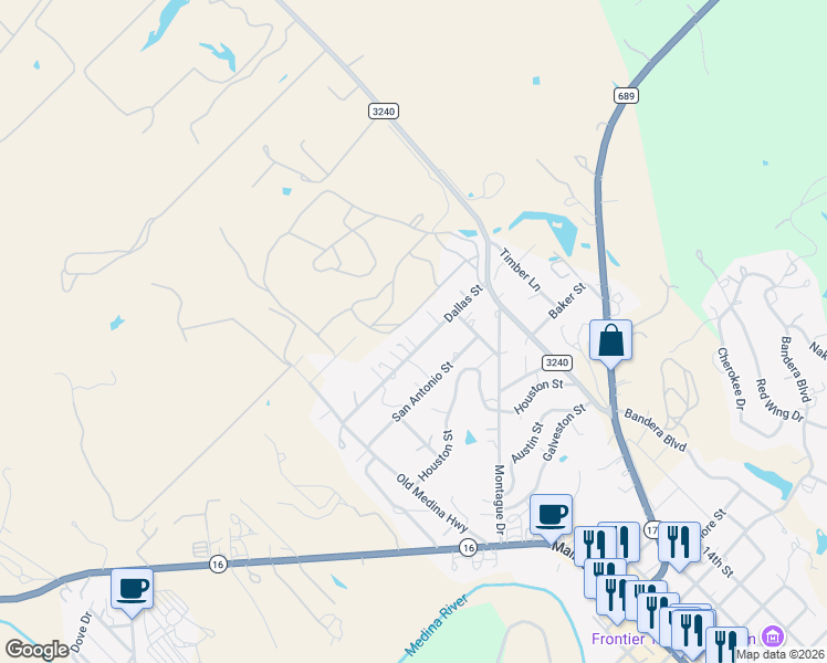 map of restaurants, bars, coffee shops, grocery stores, and more near 357 Dale Drive in Bandera