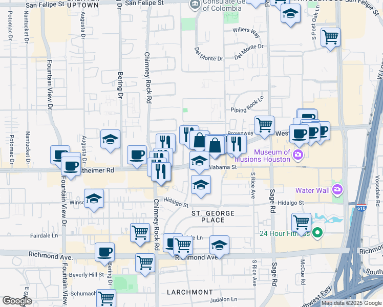 map of restaurants, bars, coffee shops, grocery stores, and more near 5444 Westheimer Court in Houston