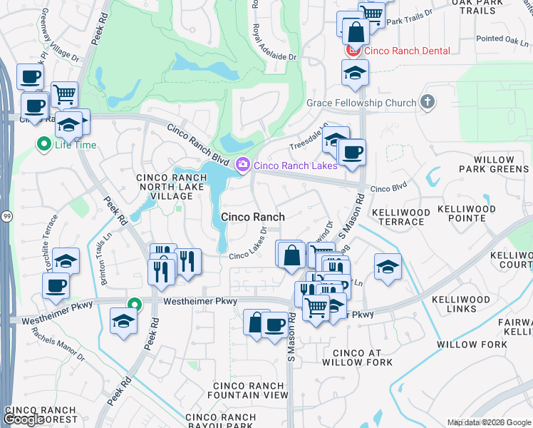 map of restaurants, bars, coffee shops, grocery stores, and more near 3303 Cinco Lakes Drive in Katy