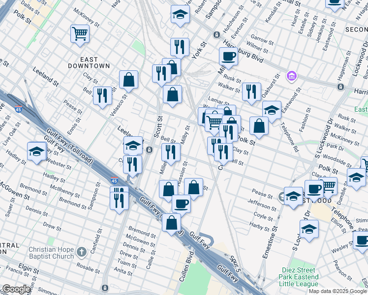 map of restaurants, bars, coffee shops, grocery stores, and more near 1501 Milby Street in Houston