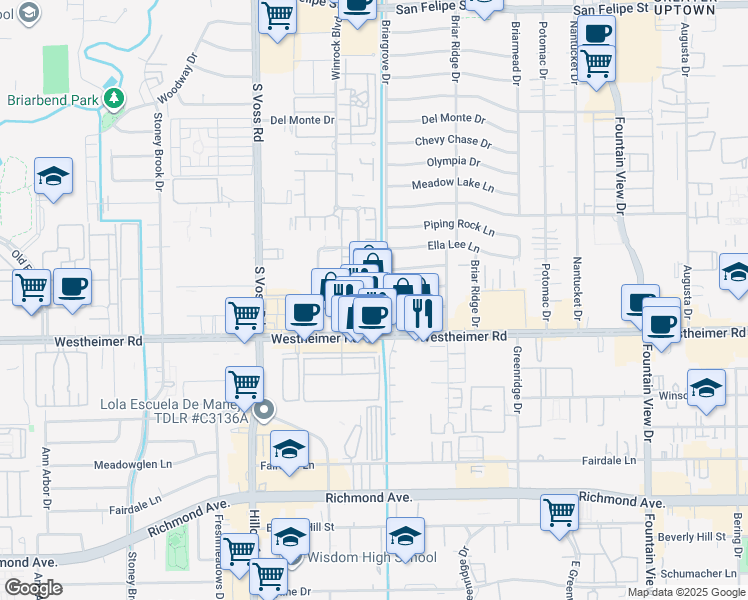 map of restaurants, bars, coffee shops, grocery stores, and more near 2641 Winrock Boulevard in Houston