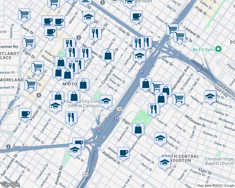 map of restaurants, bars, coffee shops, grocery stores, and more near 1806 Tuam Street in Houston