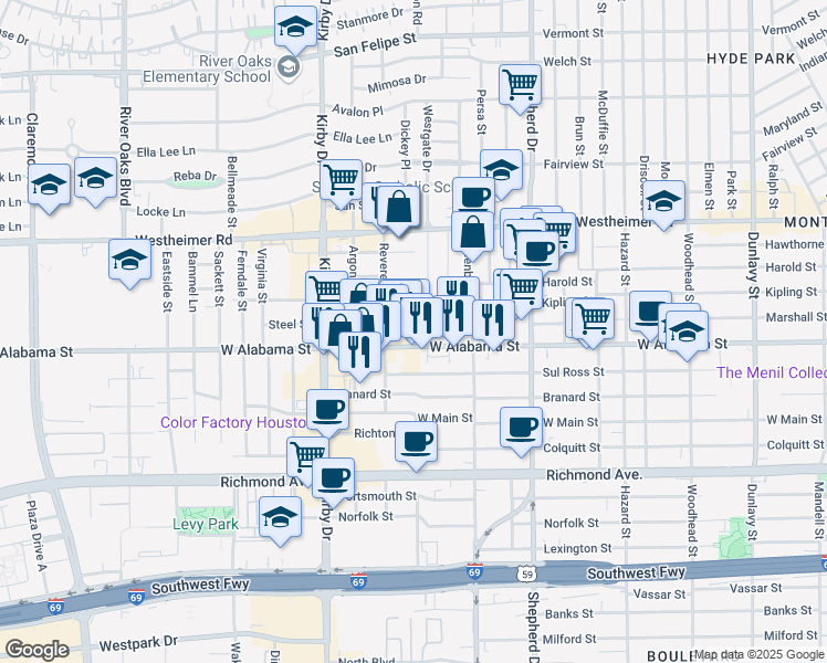 map of restaurants, bars, coffee shops, grocery stores, and more near 2305 Steel Street in Houston