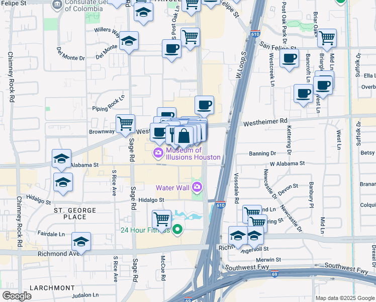 map of restaurants, bars, coffee shops, grocery stores, and more near 5015 Westheimer Road in Houston