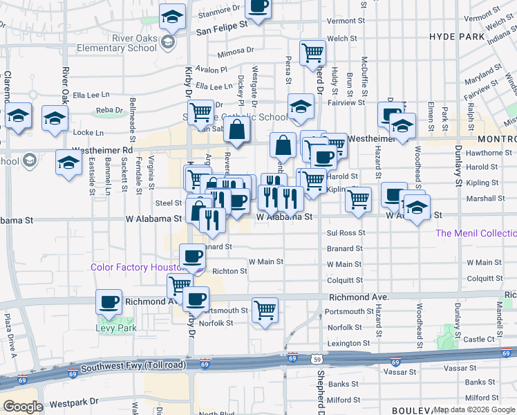 map of restaurants, bars, coffee shops, grocery stores, and more near 2305 Steel Street in Houston