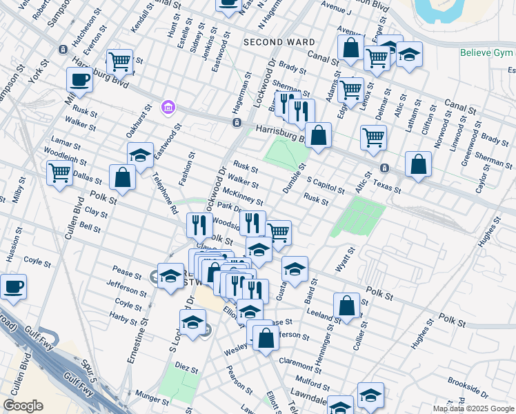 map of restaurants, bars, coffee shops, grocery stores, and more near 4724 McKinney Street in Houston
