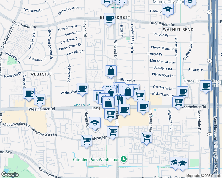 map of restaurants, bars, coffee shops, grocery stores, and more near 2424 Wilcrest Drive in Houston