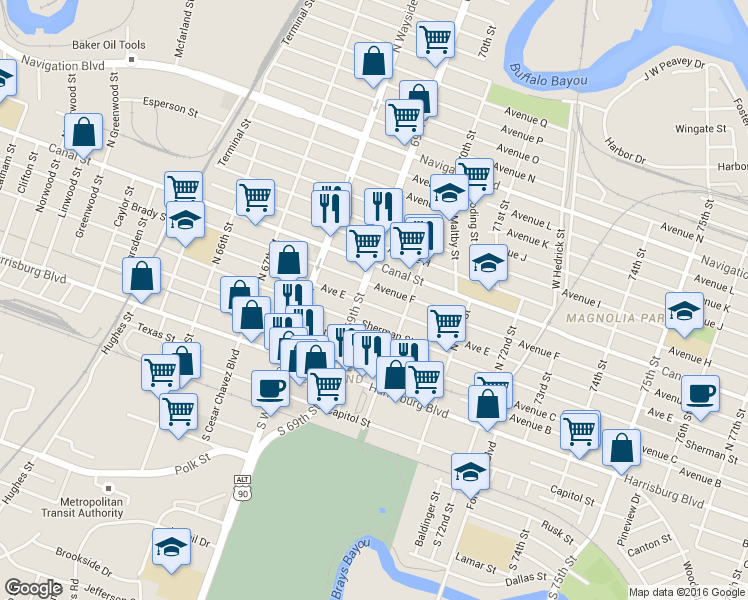map of restaurants, bars, coffee shops, grocery stores, and more near 6911 Avenue E in Houston