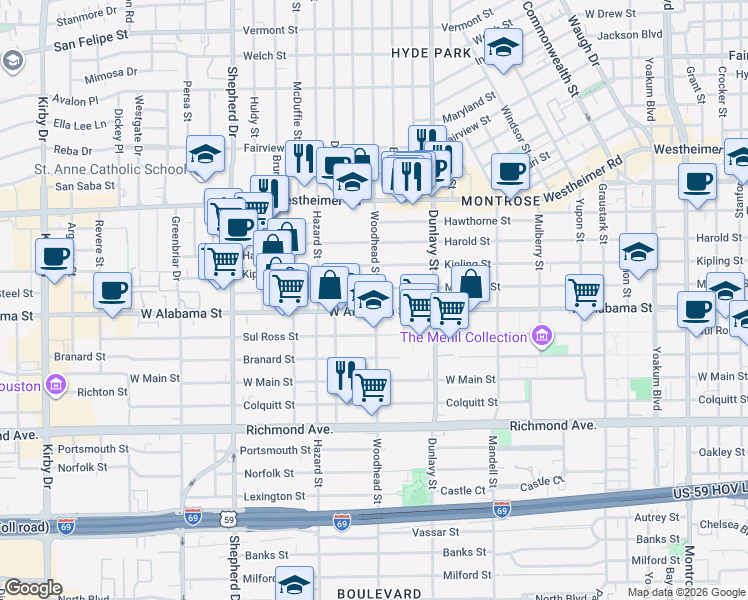 map of restaurants, bars, coffee shops, grocery stores, and more near 3704 Woodhead Street in Houston