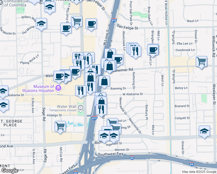 map of restaurants, bars, coffee shops, grocery stores, and more near 4730 Banning Drive in Houston