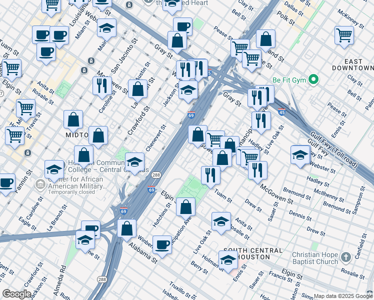 map of restaurants, bars, coffee shops, grocery stores, and more near 2016 Dennis Street in Houston