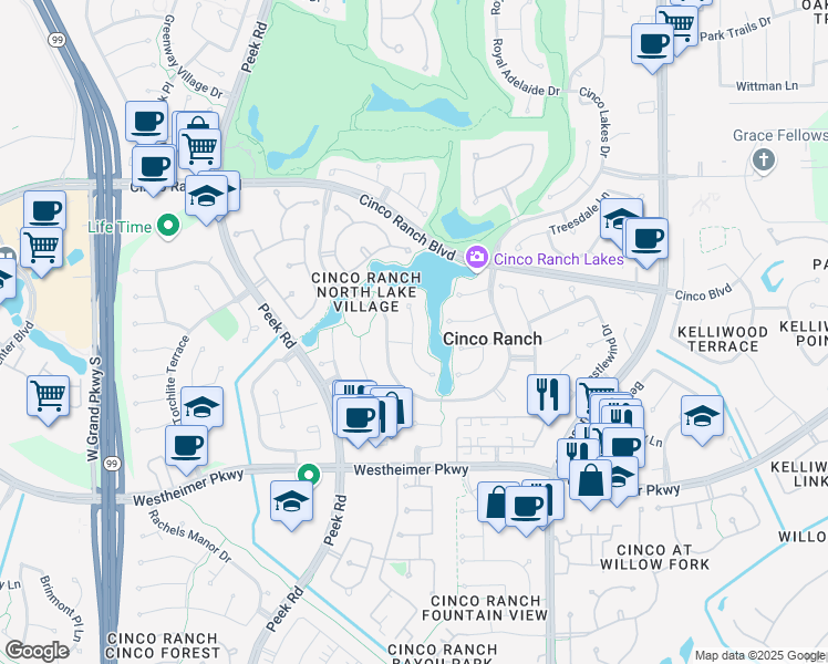 map of restaurants, bars, coffee shops, grocery stores, and more near Winding Lake Way in Katy