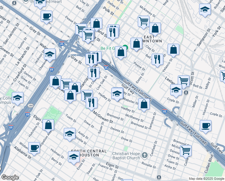 map of restaurants, bars, coffee shops, grocery stores, and more near 2118 Sauer St in Houston