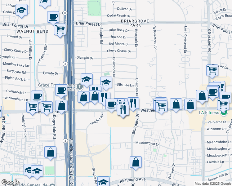 map of restaurants, bars, coffee shops, grocery stores, and more near 10051 Overbrook Lane in Houston