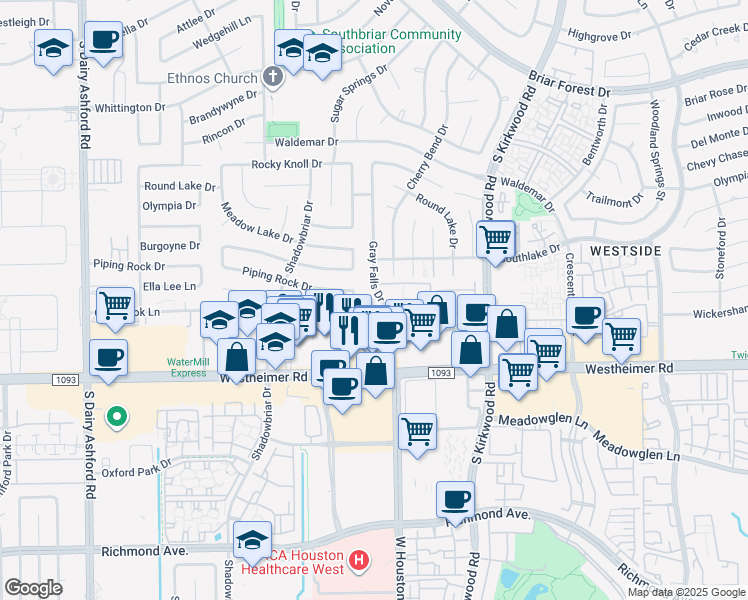 map of restaurants, bars, coffee shops, grocery stores, and more near 2402 Gray Falls Drive in Houston